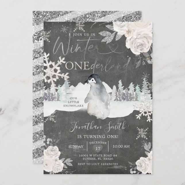 Chalkboard Penguin Winter Onederland 1st Birthday  Invitation (Front/Back)