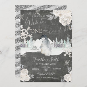 Chalkboard Penguin Winter Onederland 1st Birthday  Invitation