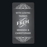 Chalkboard Personalised Thank You Favour Labels<br><div class="desc">Popular chalkboard style with fun and whimsical typography and swirly curly scrollwork that accents the edges on these lovely stickers that are perfect for adorning wedding favours,  wine bottles or mason jars.</div>