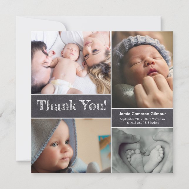 Chalkboard Photo Collage Baby boy Shower Thank you Card (Front)