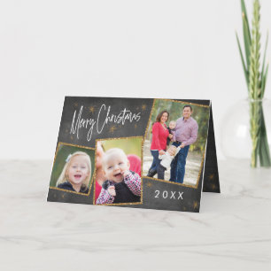 Chalkboard Photo Collage Faux Gold Glitter Holiday Card