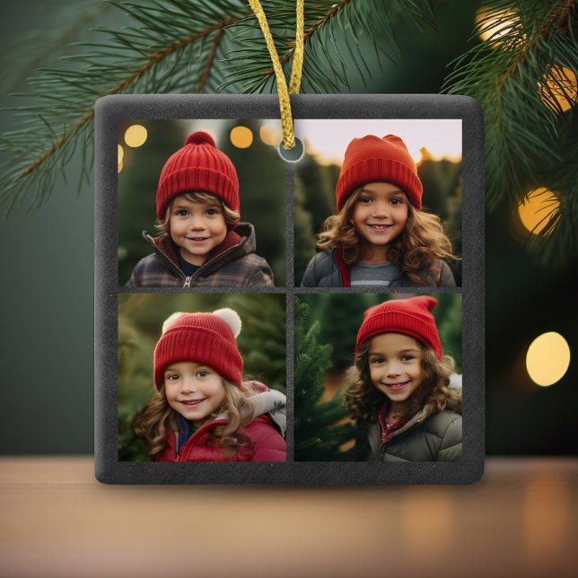 Chalkboard Photo Collage Merry Christmas Holly Ceramic Ornament (Personalized 4 Photo Christmas Ornament)