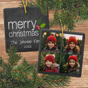 Chalkboard Photo Collage Merry Christmas Holly Ceramic Tree Decoration