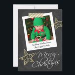 Chalkboard Photo Frame And Tape Christmas Holiday Card<br><div class="desc">Great flat greetings card for Christmas with Merry Christmas text detail .. Chalkboard And Photo Frame with striped tape and gold stars black and white design .. X-Mas / holiday flat cards for your to personalise with your own photo and text .. from Ricaso other colours available in store CHANGE...</div>