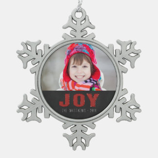 Chalkboard Photo Holiday Greeting | Red Joy Snowflake Pewter Christmas Ornament