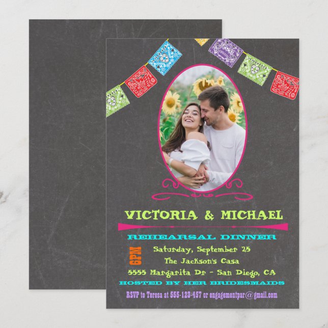 Chalkboard Photo Mexican Fiesta Rehearsal Dinner Invitation (Front/Back)