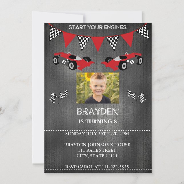 Chalkboard Photo Race Car Birthday Invitation (Front)
