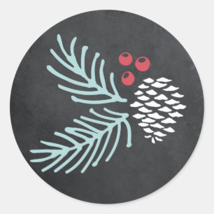 Chalkboard Pine and Berry Round Holiday Sticker