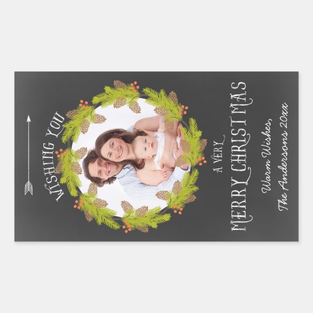 Chalkboard Pine Wreath Holiday Photo Rectangular Sticker (Front)
