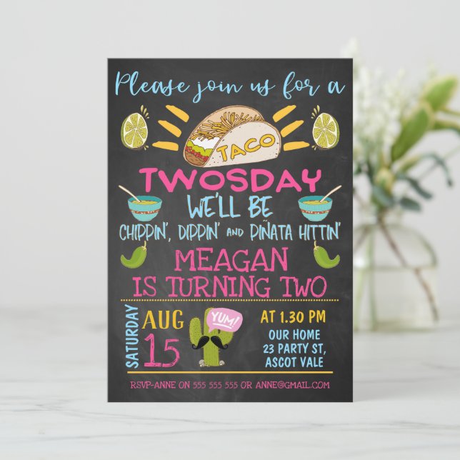 Chalkboard Pink Blue Girls Taco Twosday Birthday Invitation (Standing Front)