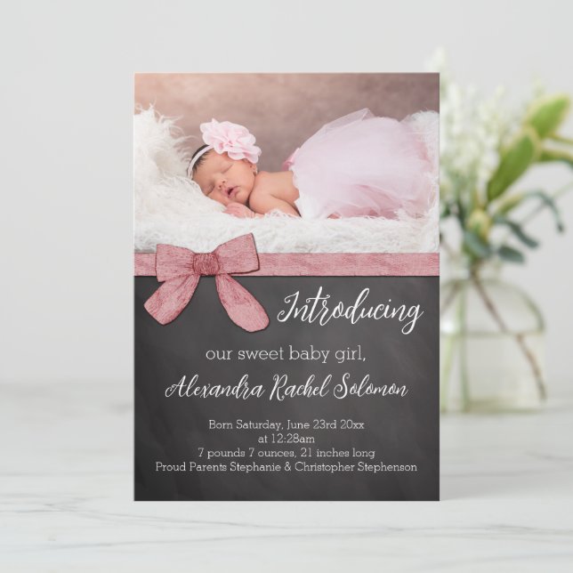 Chalkboard Pink Bow Girl Baby Birth Announcement (Standing Front)