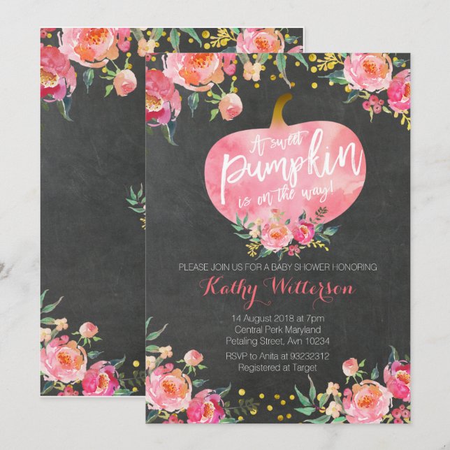 Chalkboard Pink Fall  Pumpkin Invitation (Front/Back)