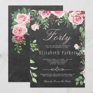 Chalkboard Pink Floral Garden 40th Birthday Party Invitation