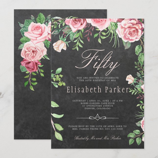 Chalkboard Pink Floral Garden 50th Birthday Party Invitation (Front/Back)