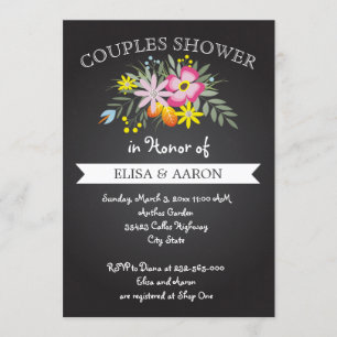 Chalkboard pink flowers wedding couples shower invitation