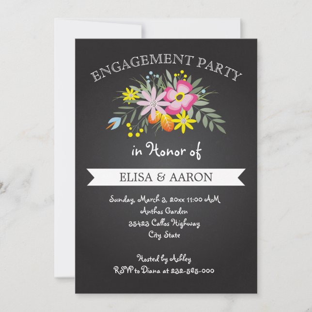 Chalkboard pink flowers wedding engagement party invitation (Front)