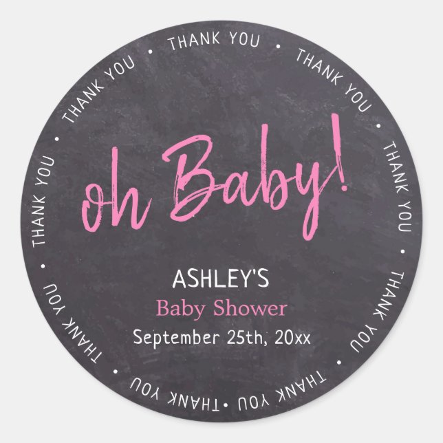Chalkboard Pink Girl Baby Shower Thank You Classic Round Sticker (Front)
