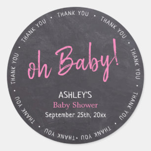 Chalkboard Pink Girl Baby Shower Thank You Classic Round Sticker