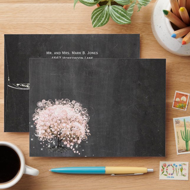 Chalkboard Pink Heart Leaf Tree Invitation Envelopes (Desk)