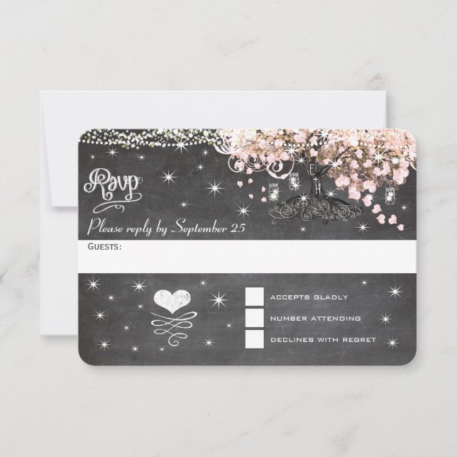 Chalkboard Pink Heart Leaf Tree RSVP Card (Front)