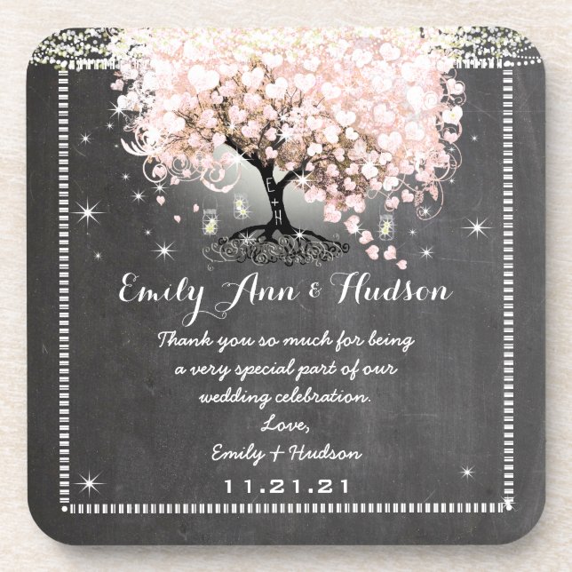 Chalkboard Pink Heart Leaf Tree Wedding Coaster (Front)