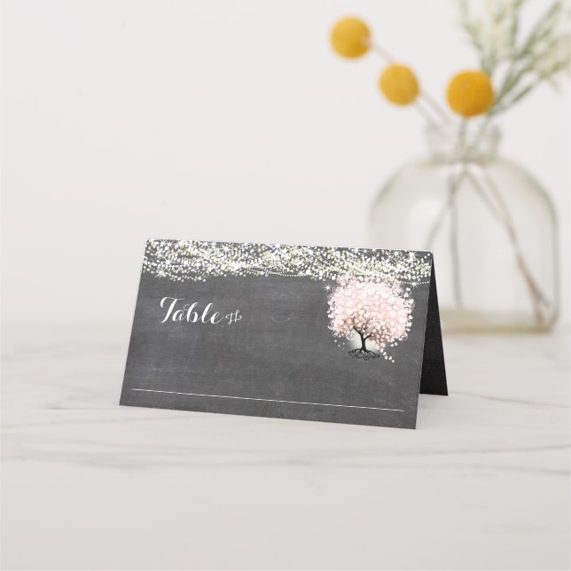 Chalkboard Pink Heart Leaf Tree Wedding Place Card (Front)