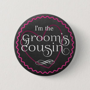 Chalkboard Pink Heart Wedding Groom's Cousin 6 Cm Round Badge