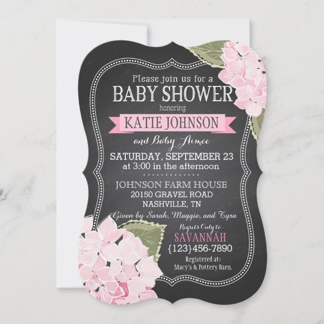 Chalkboard Pink Hydrangeas Baby Shower Invitation (Front)