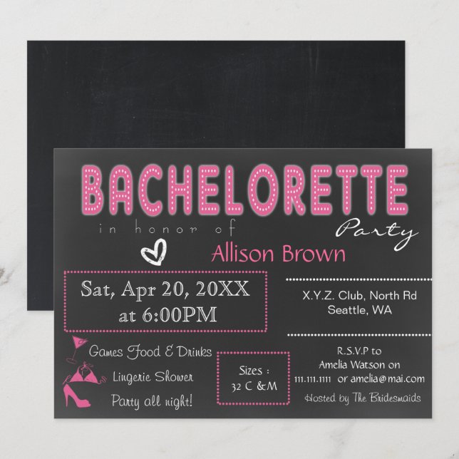 Chalkboard pink Lingerie Shower Bachelorette Invitation (Front/Back)