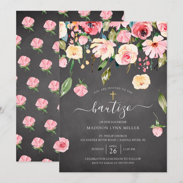 Chalkboard Pink Peonies Floral Spanish Baptism Invitation (Front/Back)
