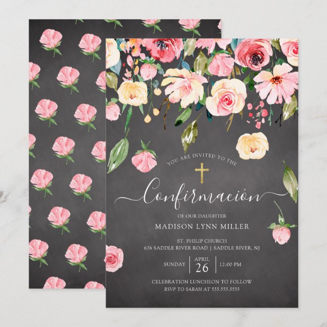 Chalkboard Pink Peonies Rose Spanish Confirmation Invitation (Front/Back)