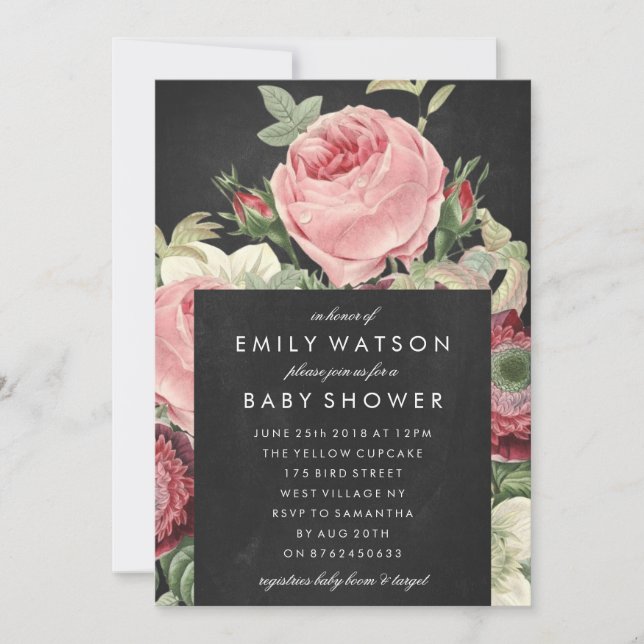Chalkboard Pink Rose Flower Baby Shower Invitation (Front)