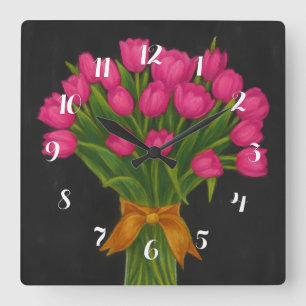 Chalkboard Pink Tulips Square Wall Clock