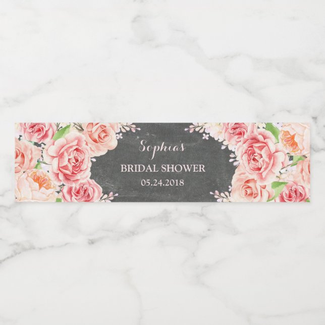 Chalkboard Pink Watercolor Flowers Bridal Shower Water Bottle Label (Single Label)
