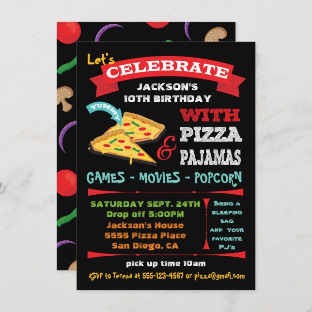 Chalkboard Pizza & Pajamas Birthday Party Invitation (Front/Back)