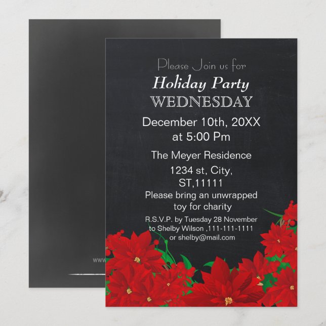 Chalkboard Poinsettias Holiday party Invitation (Front/Back)