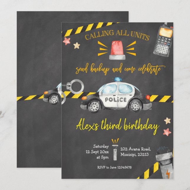 Chalkboard Police Birthday Party Invitation (Front/Back)