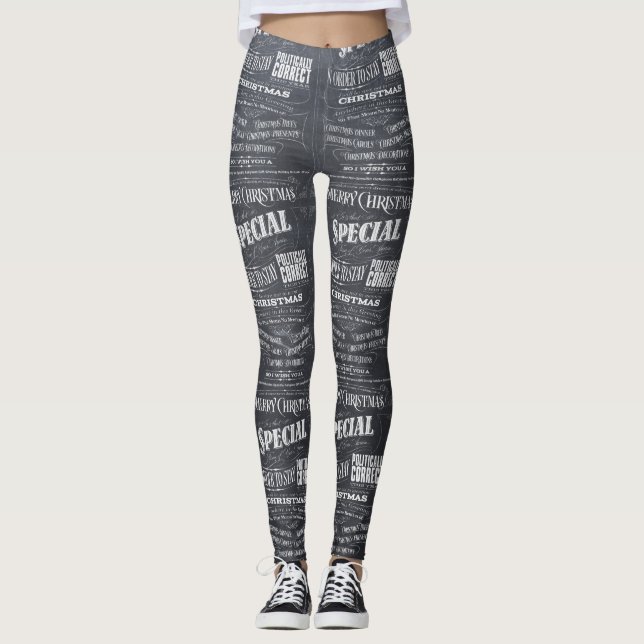 Chalkboard Politically Correct Newsprint Christmas Leggings (Front)