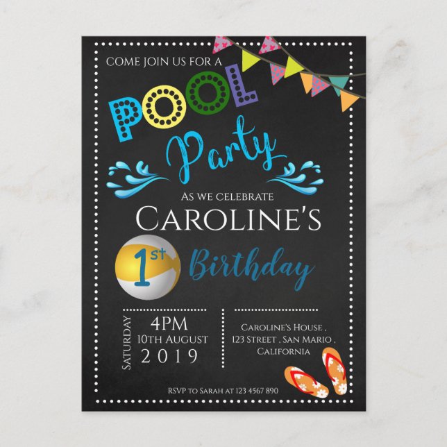 Chalkboard Pool Party 1st Birthday Invitation Postcard (Front)