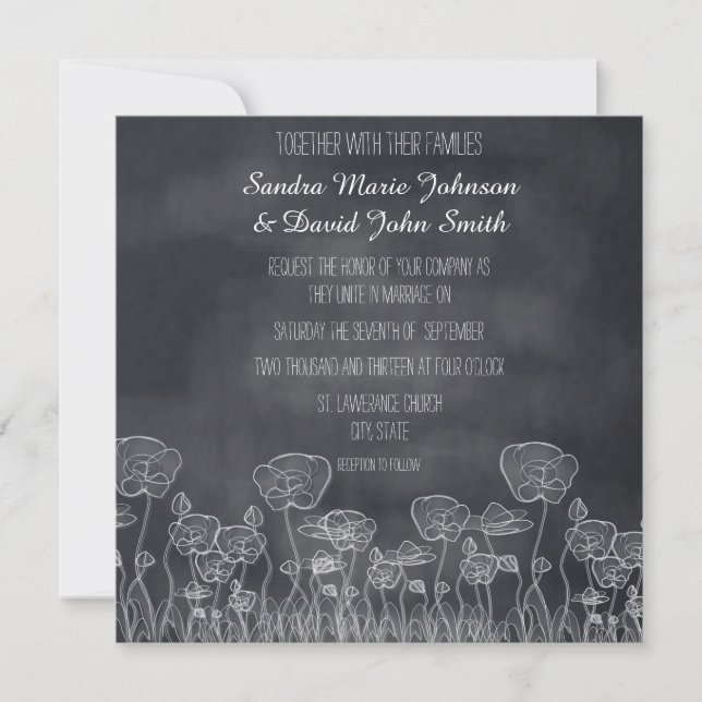 Chalkboard Poppy Hand Drawn Wedding Invitation (Front)