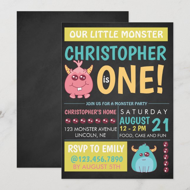 Chalkboard Poster Monster Birthday Party Invite (Front/Back)