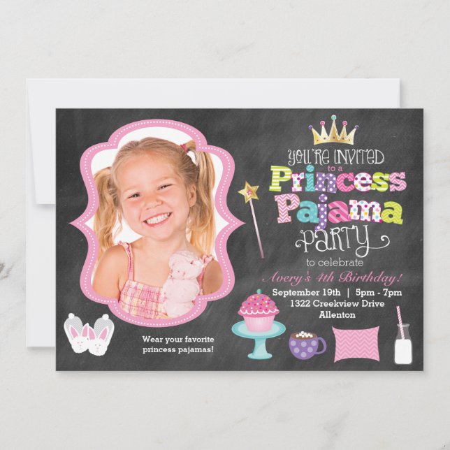 Chalkboard Princess Pajama Party Photo Invitation (Front)
