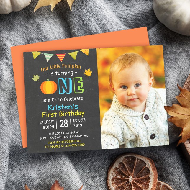 Chalkboard Pumpkin Baby First Birthday Photo Invitation (Get ready for a day of joy and pumpkin-filled fun with this delightful and customizable invitation!)