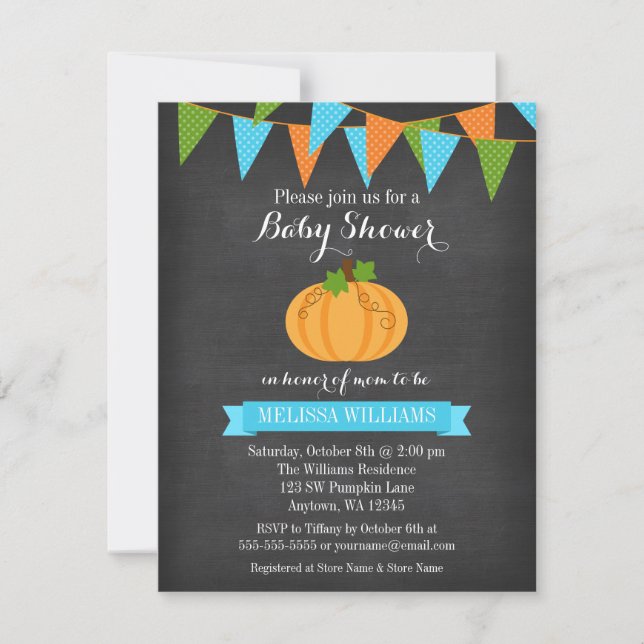 Chalkboard Pumpkin Bunting Boy Fall Baby Shower Invitation (Front)
