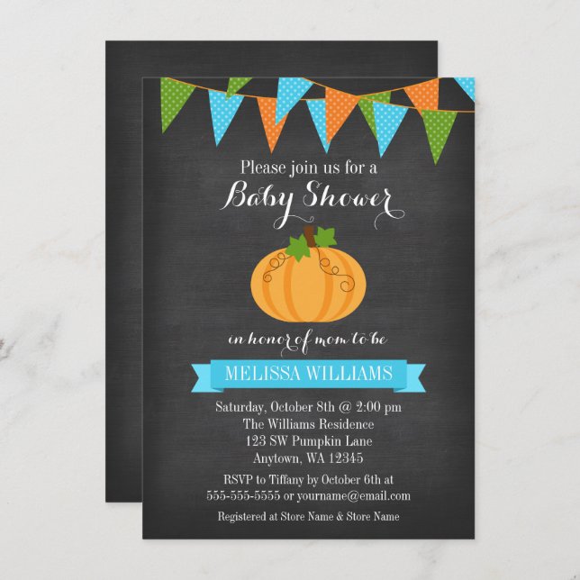 Chalkboard Pumpkin Bunting Boy Fall Baby Shower Invitation (Front/Back)