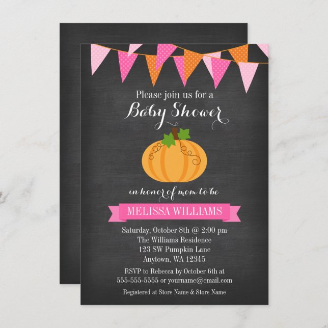 Chalkboard Pumpkin Bunting Girl Fall Baby Shower Invitation (Front/Back)