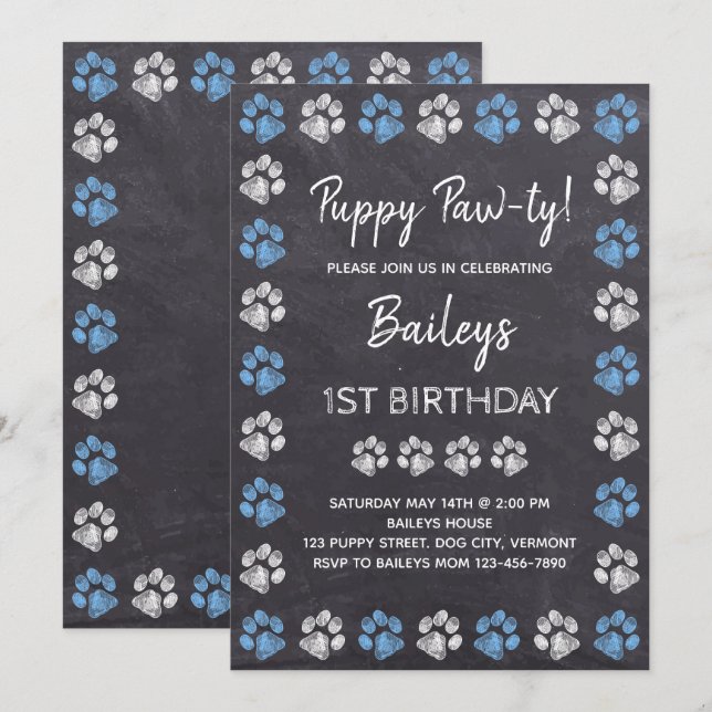 Chalkboard Puppy Pawty Blue Dog Birthday Invitation (Front/Back)