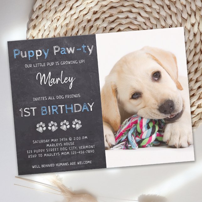 Chalkboard Puppy Pawty Blue Dog Birthday Party Postcard (Creator Uploaded)