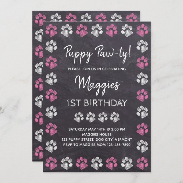 Chalkboard Puppy Pawty Dog Birthday Invitation (Front/Back)