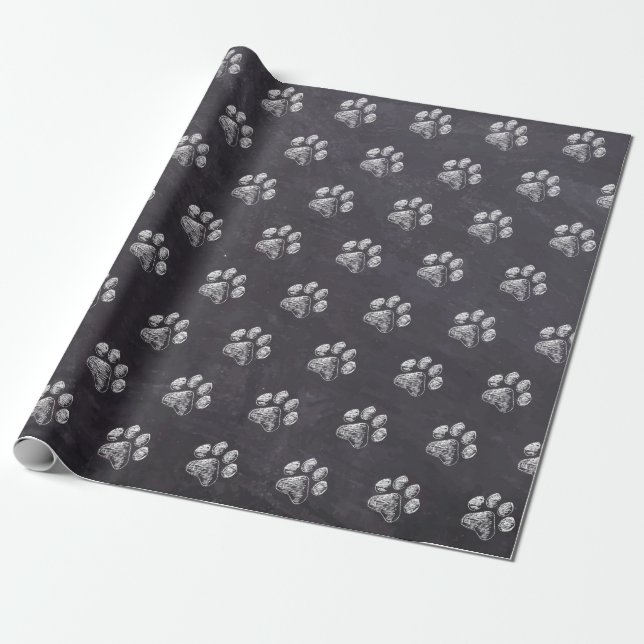 Chalkboard - Puppy Pawty - Dog Birthday Paw Print Wrapping Paper (Unrolled)